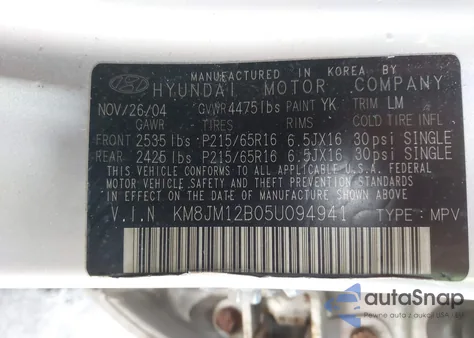 2005 Hyundai Tucson Gl z USA, uszkodzony, nr VIN KM8JM12B05U094941